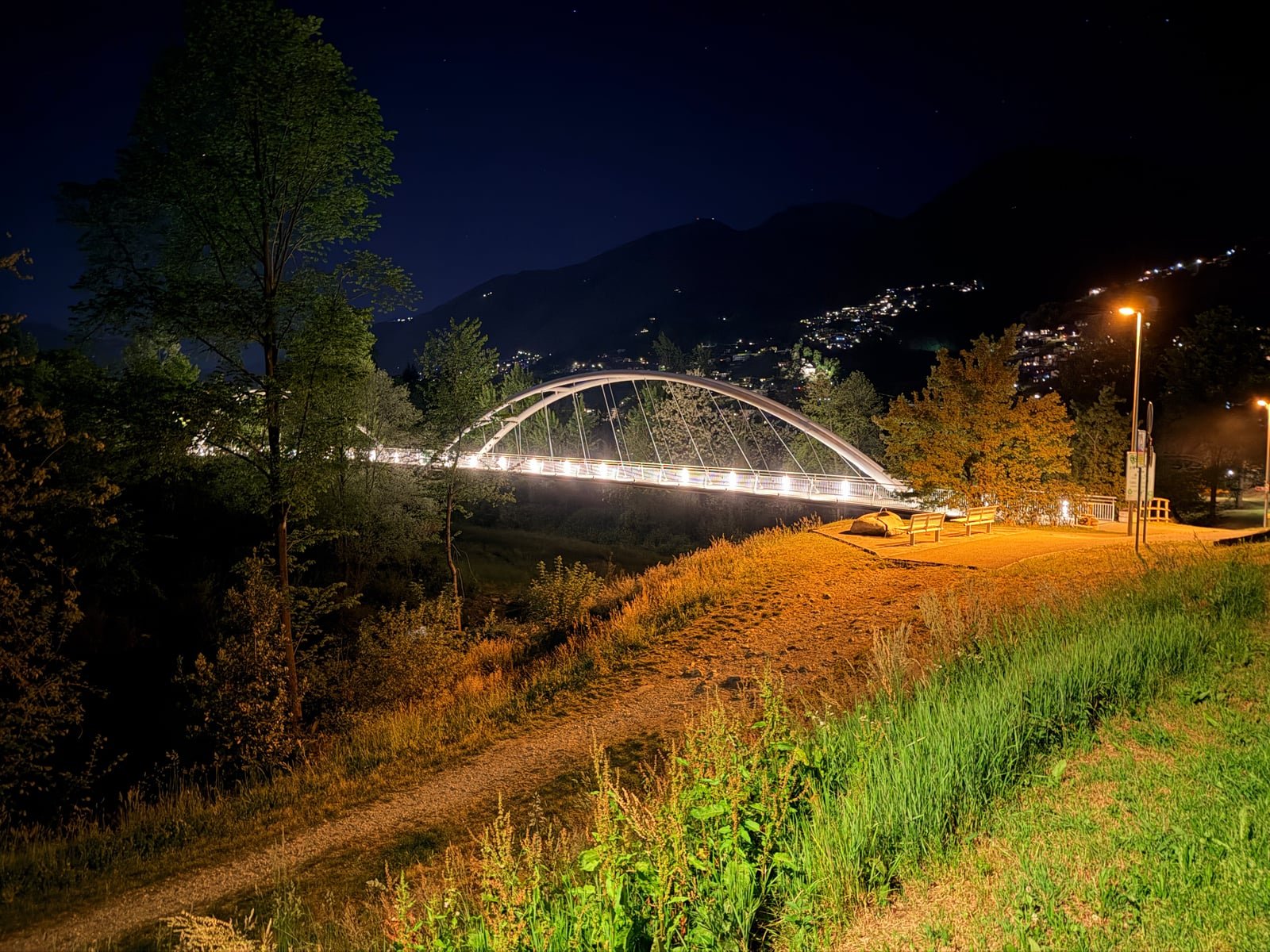 Ponte illuminato di notte tra alberi e montagne